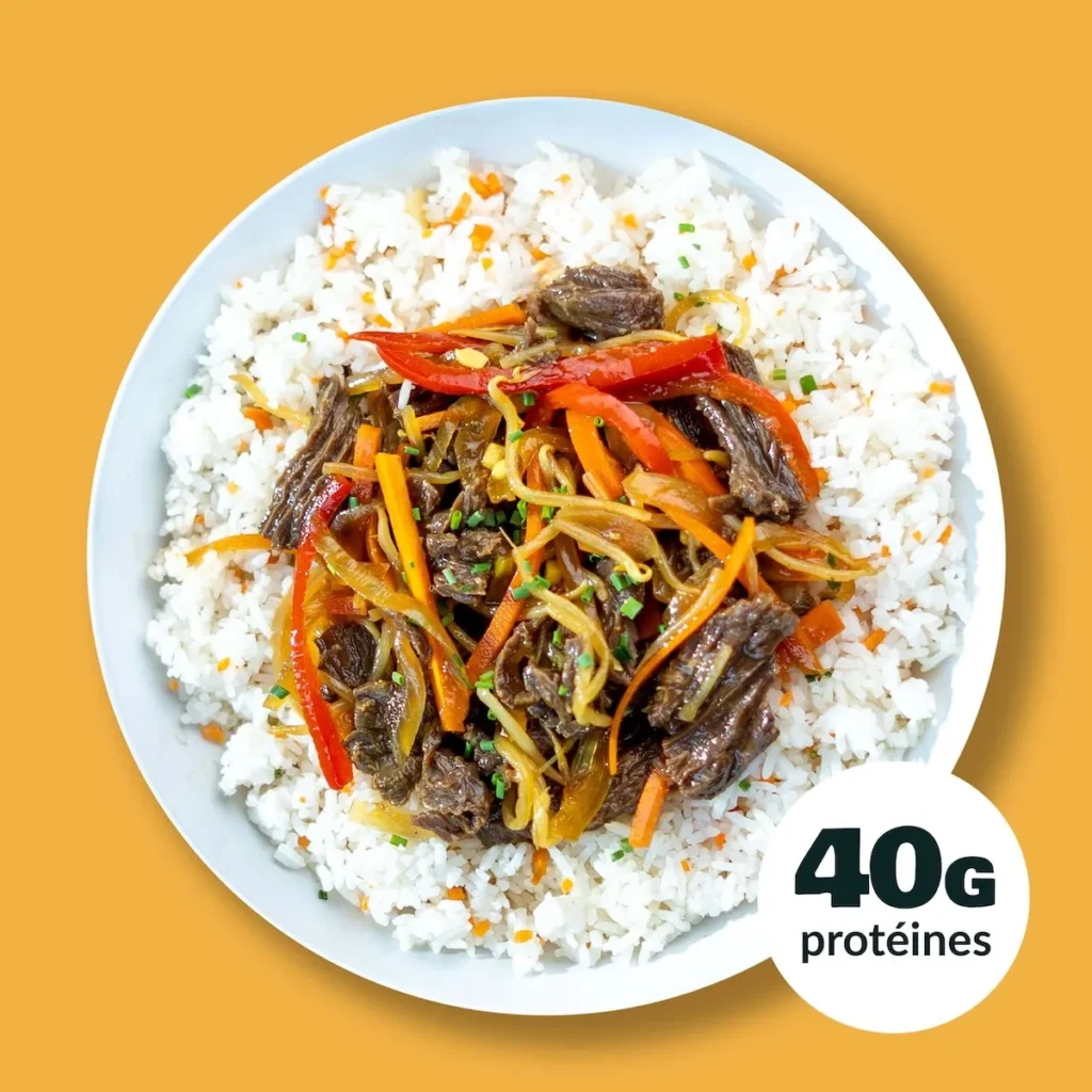 Émincé de Boeuf laqué et son Riz Petits pois carottes