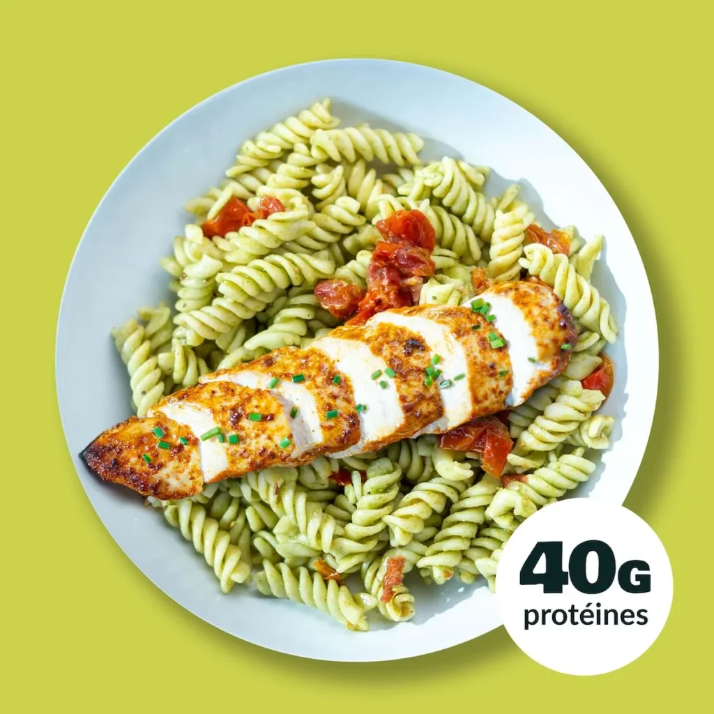 Filet de Poulet mariné, Pates au Pesto Basilic