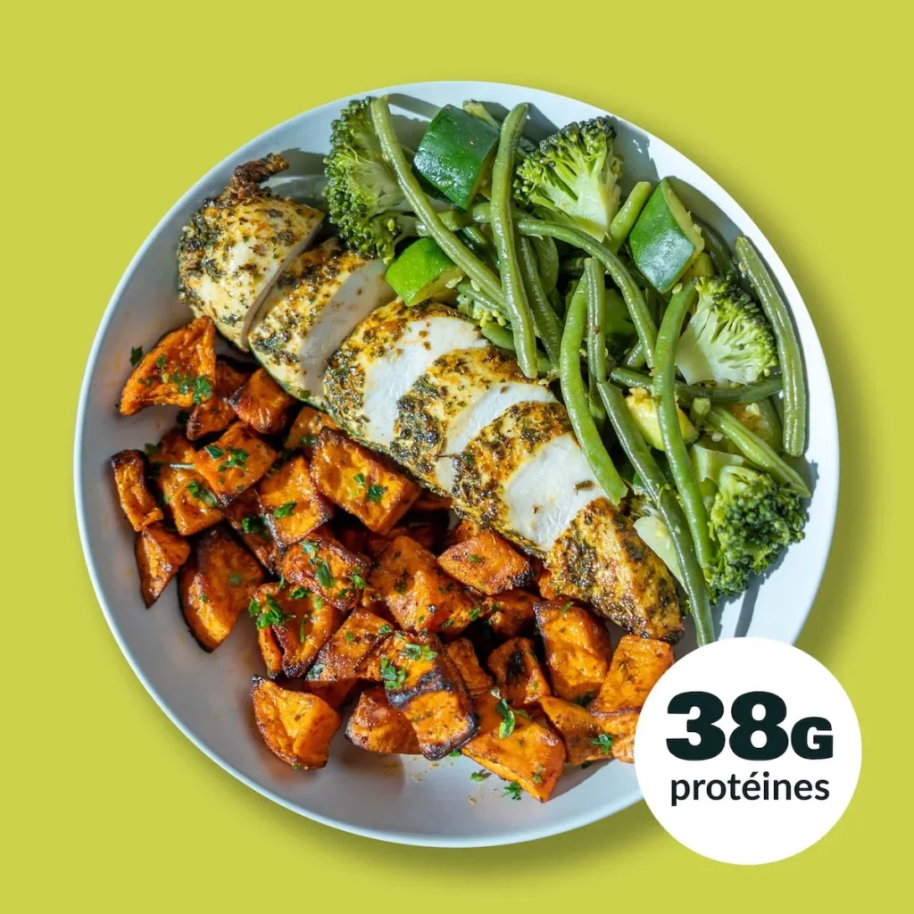 Poulet mariné, Patates douces et son Mélange vert