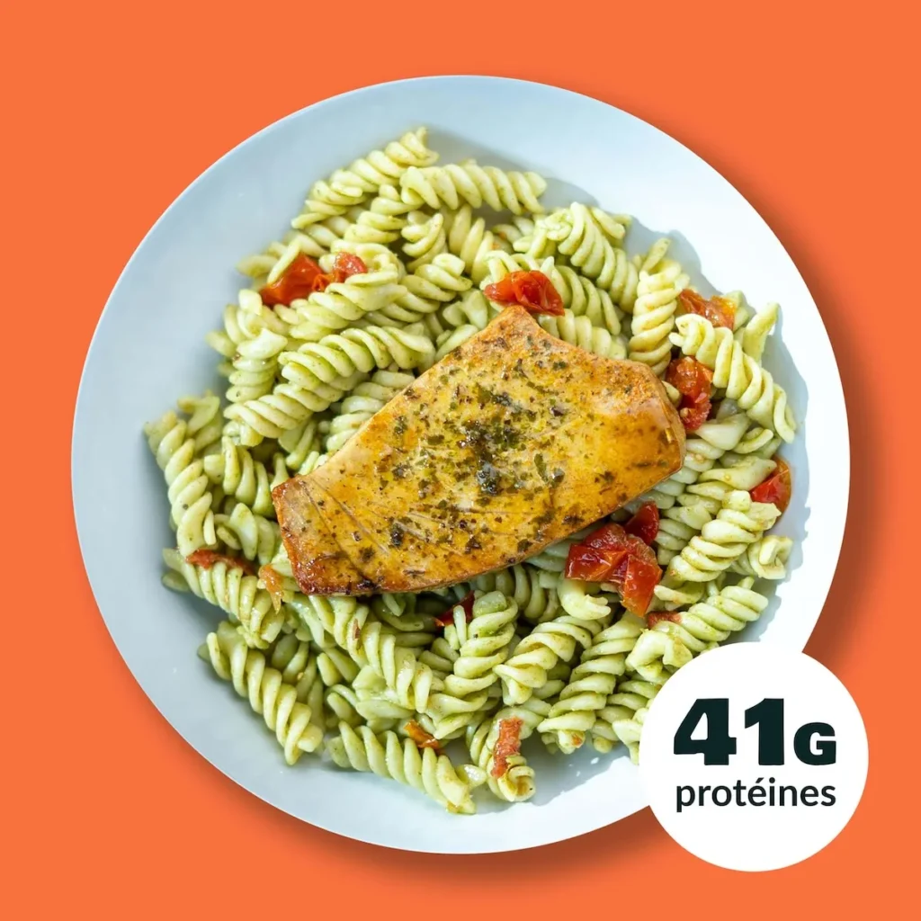 Steak de Thon grillé, Pates au Pesto Basilic
